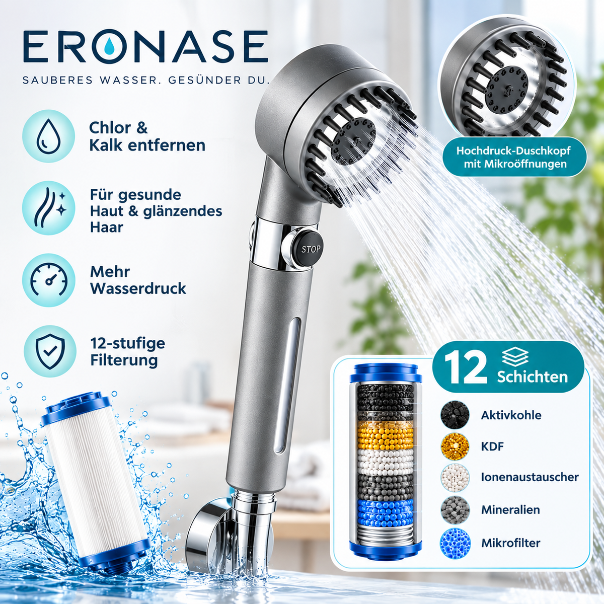 Aquapure Decalcificante Soffione Doccia con Filtro Anticalcare e Anticloruro