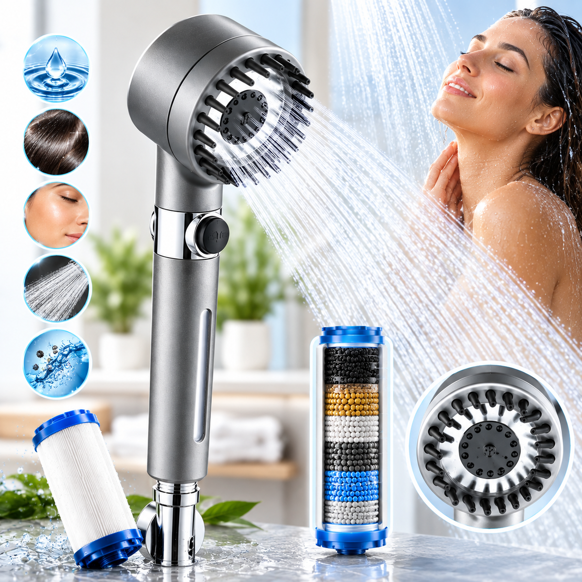 Aquapure Decalcificante Soffione Doccia con Filtro Anticalcare e Anticloruro